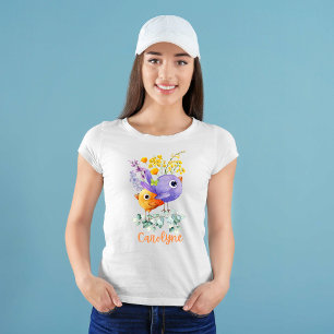 Niedliche Vögel Lila und Orangefarbene Blume T-Shirt