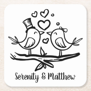 Niedliche Vögel Schwarz-weiße Lovebirds Hochzeit Rechteckiger Pappuntersetzer