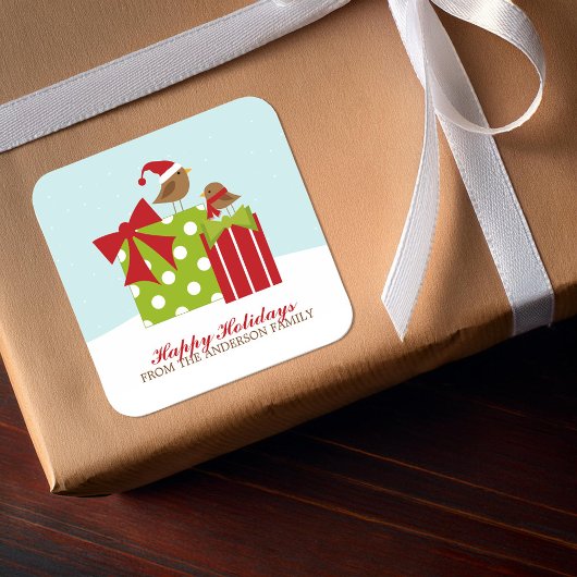 Niedliche Vögel und Weihnachtsgeschenke Quadratischer Aufkleber