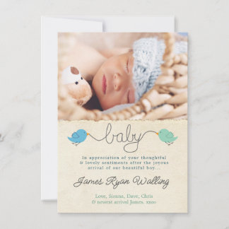 Niedliche Vögel Vielen Dank Hinweis Baby Boy Foto Einladung