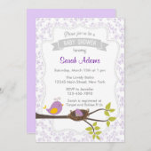 Niedliche Vogelbabwdusche Einladung Pastel Lila (Vorne/Hinten)