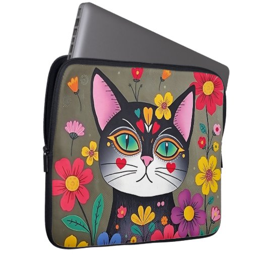 Niedliche Volkskunst Schwarze Katze und Blume Laptopschutzhülle (Vorne Rechts)