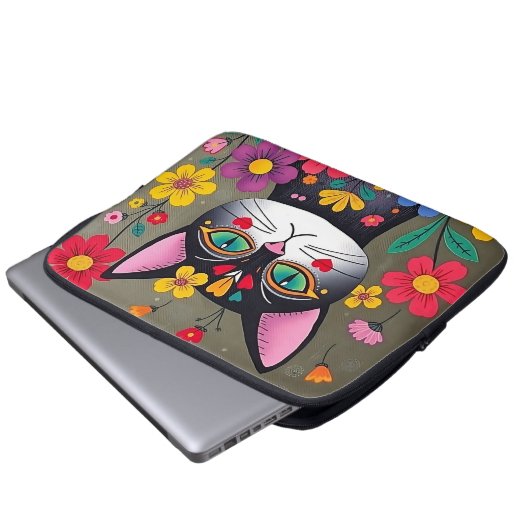 Niedliche Volkskunst Schwarze Katze und Blume Laptopschutzhülle (Vorne Knopf)