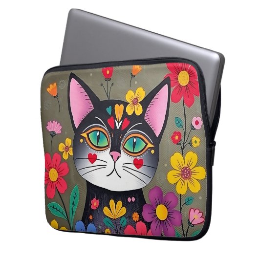 Niedliche Volkskunst Schwarze Katze und Blume Laptopschutzhülle (Vorderseite Links)