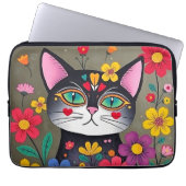 Niedliche Volkskunst Schwarze Katze und Blume Laptopschutzhülle (Vorderseite)