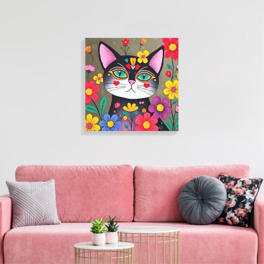 Niedliche Volkskunst Schwarze Katze und Blume Leinwanddruck (Insitu (Wohnzimmer))