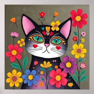 Niedliche Volkskunst Schwarze Katze und Blume Poster