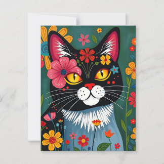 Niedliche Volkskunst Whimsikkatze und Blume Postkarte