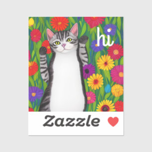 Niedliche Volkskunstkatze sagt Hallo unter Blumen Aufkleber
