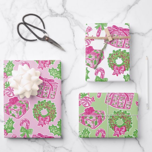 Niedliche Vorweihnachtscreme, rosa und grüne Vortr Geschenkpapier Set (Vorderseite)