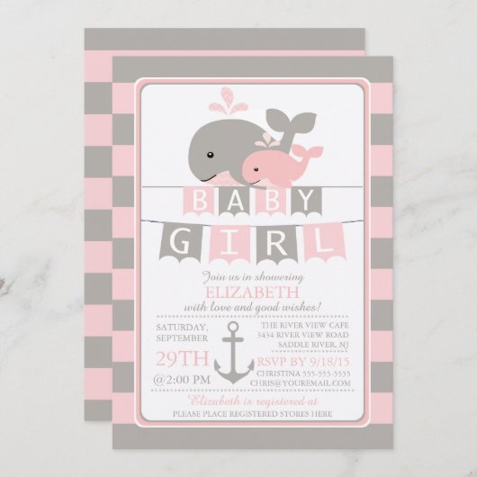 Niedliche Wal Girl Babydusche Einladung (Vorne/Hinten)