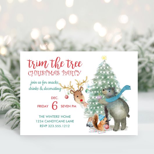 Niedliche Waldfreunde Bäume trimmen Weihnachtsfest Einladung