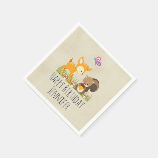 Niedliche Waldkreaturen Cartoon Geburtstag Serviette (Ecke)
