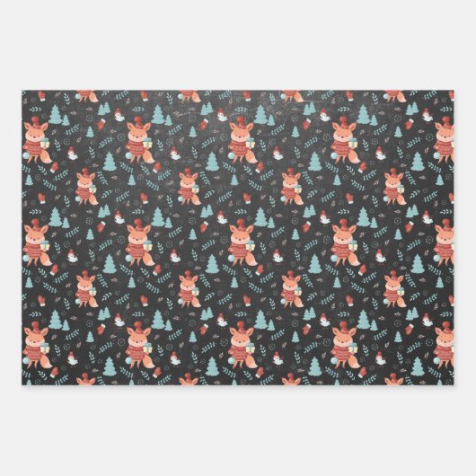 Niedliche Waldlandfox Schwarze Weihnachten Geschenkpapier Set (Vorderseite)