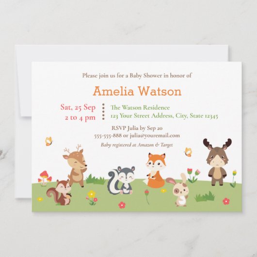 Niedliche Waldtierdusche Einladung (Vorderseite)