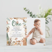 Niedliche Waldtiere 1. Geburtstag Foto Einladung (Stehend Vorderseite)