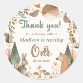 Niedliche Waldtiere 1. Geburtstag Party Runder Aufkleber (Vorderseite)