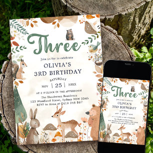 Niedliche Waldtiere 3. Geburtstag Party Einladung