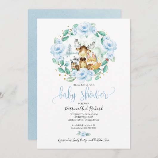 Niedliche Waldtiere Blumengrün Kinderdusche Einladung (Vorne/Hinten)