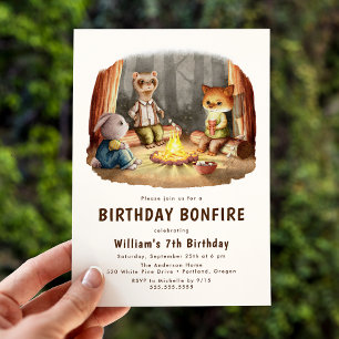 Niedliche Waldtiere Bonfire Camping Geburtstag Einladung