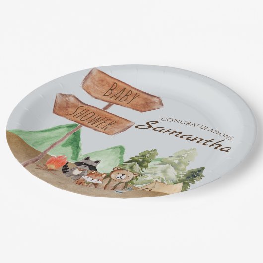 Niedliche Waldtiere Camping Kinderdusche Pappteller (Schrägansicht)