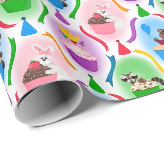 Niedliche Waldtiere & Cupcakes Geburtstag Geschenkpapier (Rolleneckpunkt)