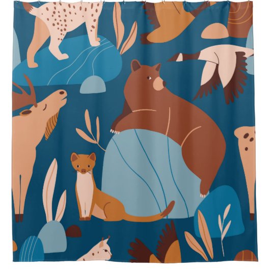 Niedliche Waldtiere, dunkles, nahtloses Design. Duschvorhang (Vorderseite)