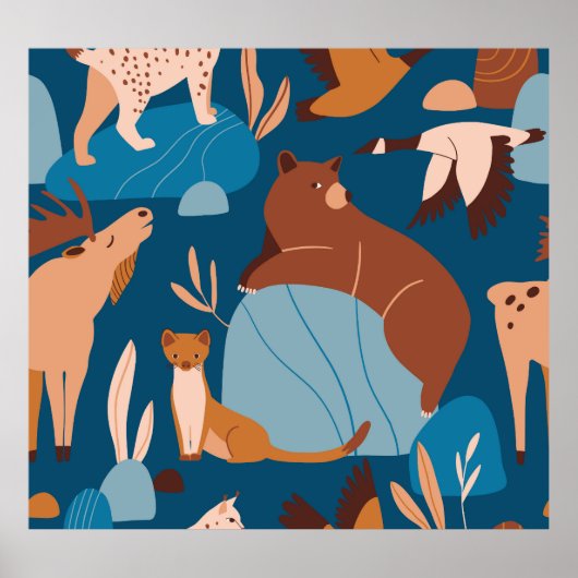 Niedliche Waldtiere, dunkles, nahtloses Design. Poster (Vorne)