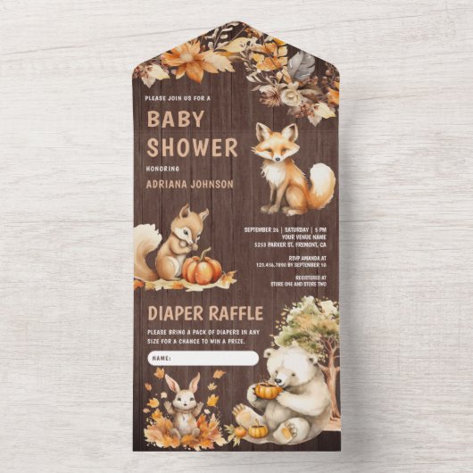 Niedliche Waldtiere fallen Herbstdusche All In One Einladung (Innen Boden)