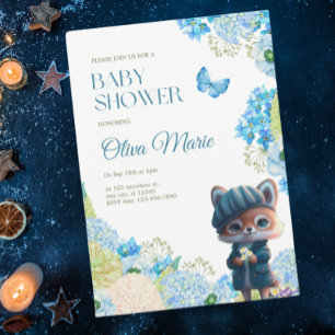 Niedliche Waldtiere Fox Blue Floral Baby Dusche Einladung