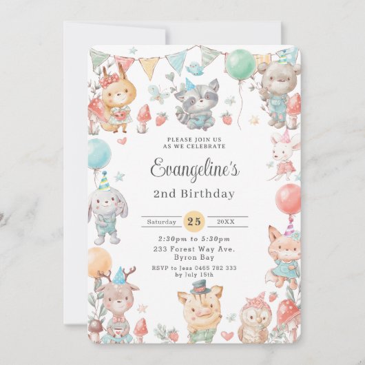 Niedliche Waldtiere Geburtstagsparty Einladung (Vorderseite)