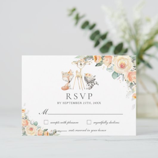 Niedliche Waldtiere Gelbe Blumengrün RSVP Karte (Stehend Vorderseite)