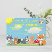 Niedliche Waldtiere Gelbe Sonnenwolken Einladung (Stehend Vorderseite)