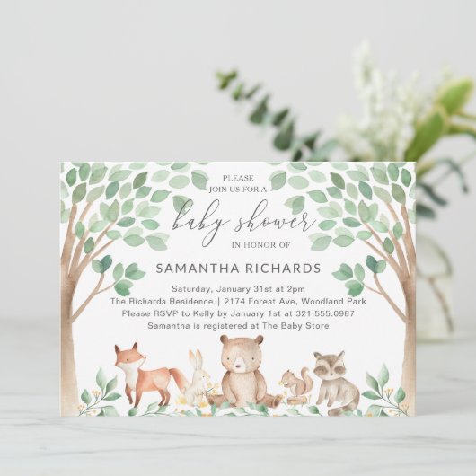 Niedliche Waldtiere Geschlecht Neutrale Babydusche Einladung (Stehend Vorderseite)