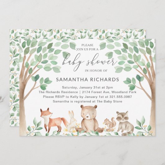Niedliche Waldtiere Geschlecht Neutrale Babydusche Einladung (Vorne/Hinten)