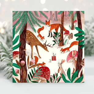 Niedliche Waldtiere, grün und rosa Waldtiere Feiertagskarte