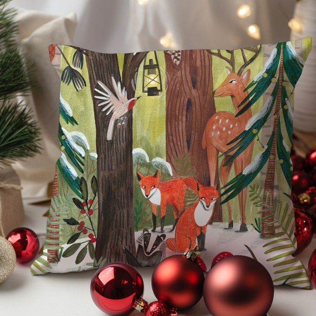 Niedliche Waldtiere Grüne Weihnachten Kissen (Cute Woodland animals Green Christmas Throw Pillow)