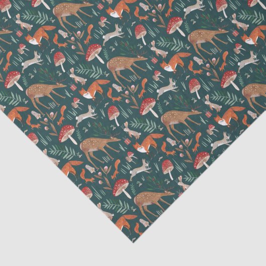 Niedliche Waldtiere Grüner Weihnachtswald Seidenpapier (Ausschnitt)