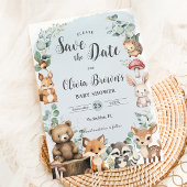 Niedliche Waldtiere Grünpflanzen Blue Baby Dusche Save The Date