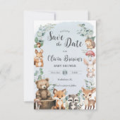 Niedliche Waldtiere Grünpflanzen Blue Baby Dusche Save The Date (Vorderseite)