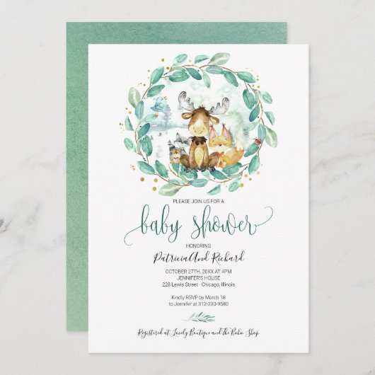 Niedliche Waldtiere Grünpflanzen Kinderdusche Einladung (Vorne/Hinten)