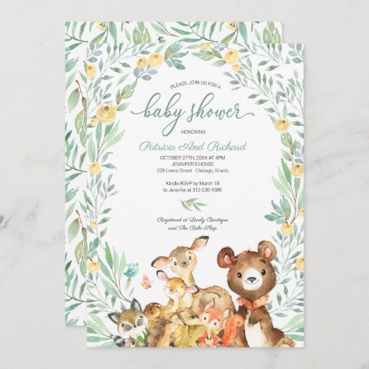 Niedliche Waldtiere Grünpflanzen Kinderdusche Einladung (Vorne/Hinten)