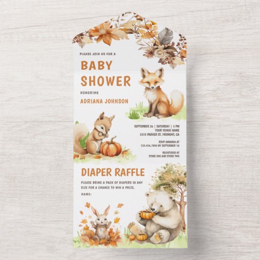 Niedliche Waldtiere Herbst Herbstdusche All In One Einladung (Innen Boden)