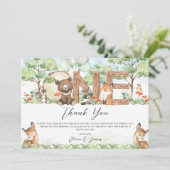 Niedliche Waldtiere Holz 1. Geburtstag Dankeskarte (Stehend Vorderseite)