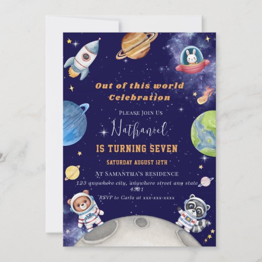 Niedliche Waldtiere im Weltraum Geburtstag Einladung (Vorderseite)