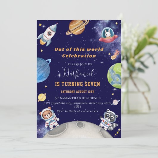 Niedliche Waldtiere im Weltraum Geburtstag Einladung (Stehend Vorderseite)