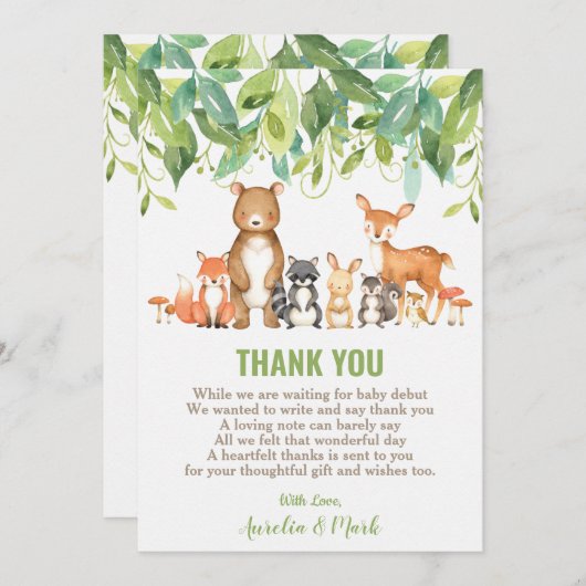 Niedliche Waldtiere Kinderduschmaschine Junge neut Dankeskarte (Vorne/Hinten)