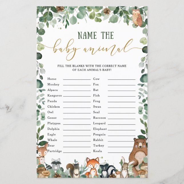 Niedliche Waldtiere Name Baby Animal Match Game (Vorderseite)