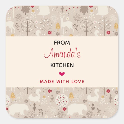 Niedliche Waldtiere Nordic Pattern Küche Quadratischer Aufkleber (Vorderseite)