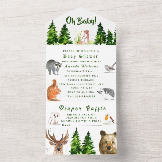 Niedliche Waldtiere Oh Babydusche Hirschbär All In One Einladung (Innen)